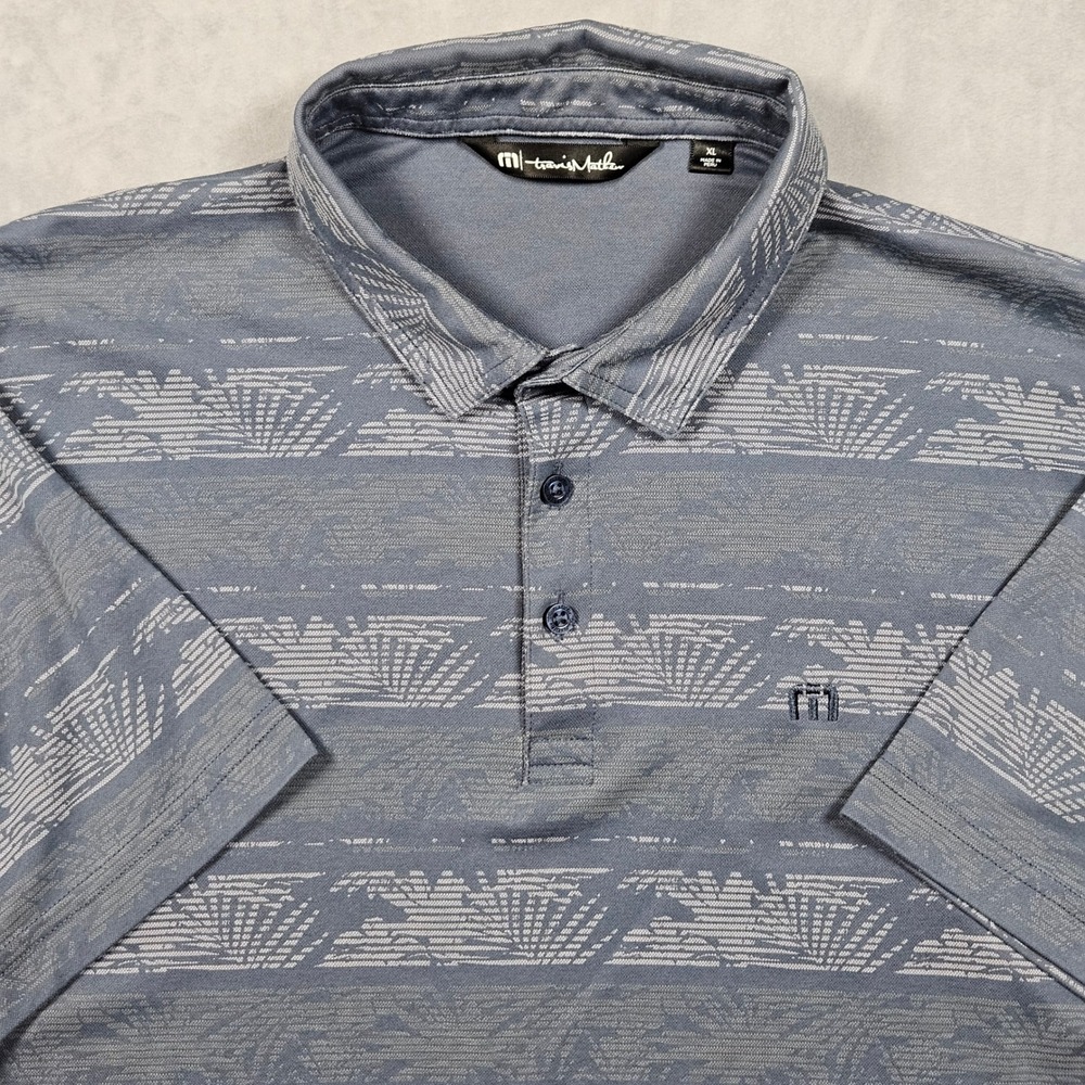 Travis Mathew Polo Shirt Mens XL Blue Gray Floral Striped Pima Cotton Golf